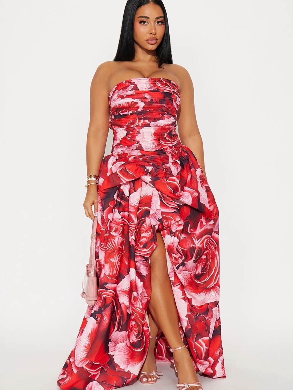 Meshki Strapless Red & Pink Floral Maxi Dress